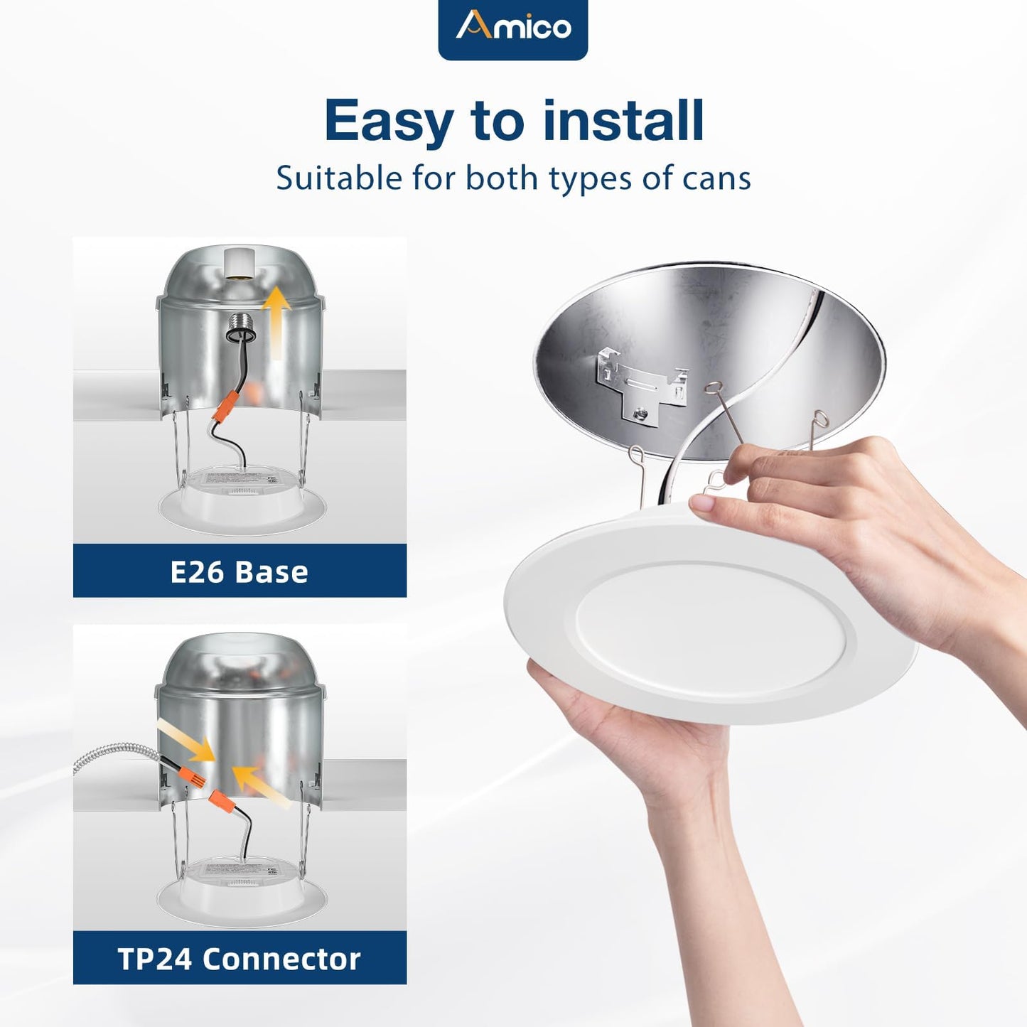 Amico Recessed Lighting 5/6 Inch, 12 Pack 5CCT Flat LED Can Lights, 2700K/3000K/4000K/5000K/6000K Selectable,12W Eqv 110W, 1050LM Brightness, Retrofit Installation - ETL & FCC, White
