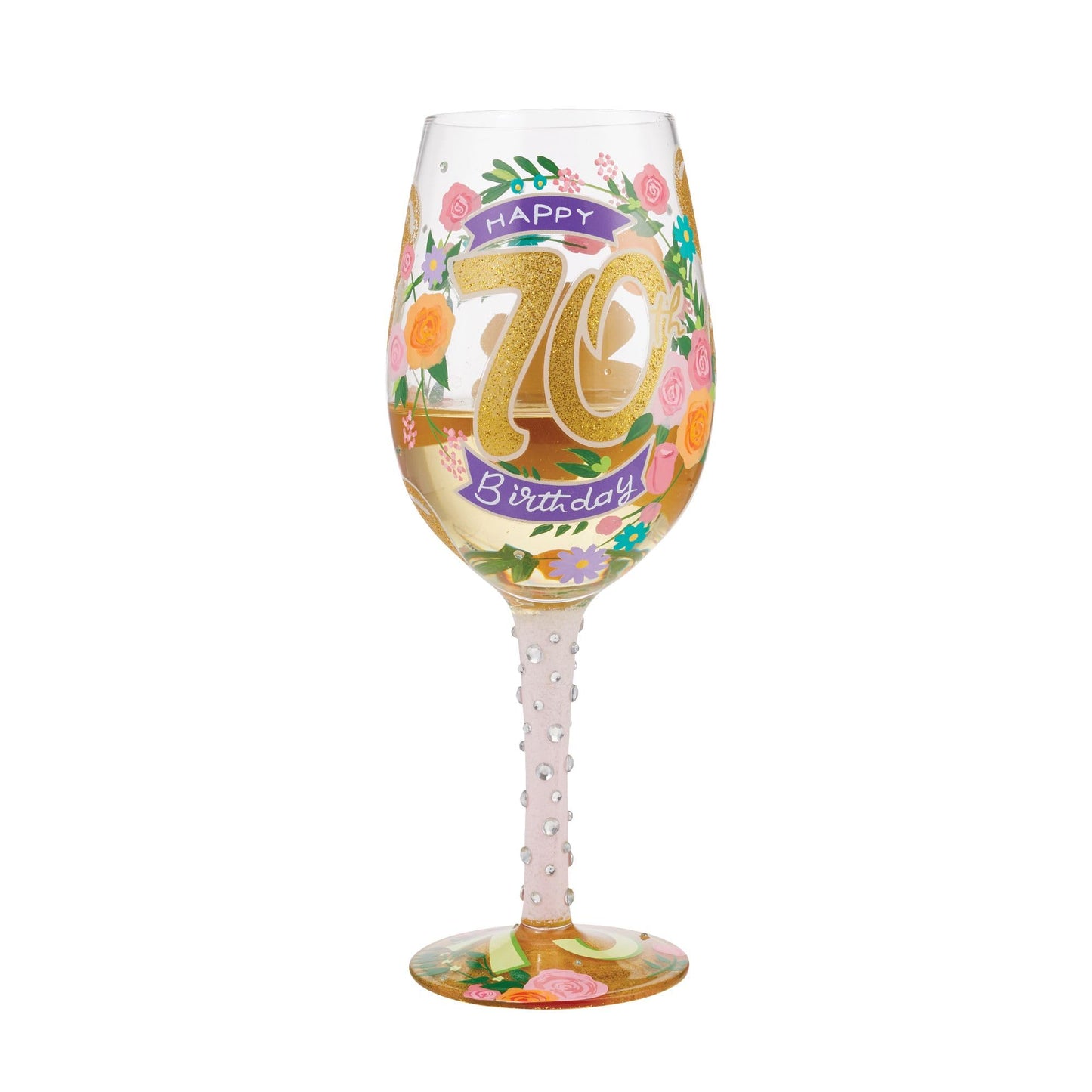 Enesco Designs by Lolita Happy 70th Birthday Hand-Painted Artisan Wine Glass, 15 Ounce, Multicolor