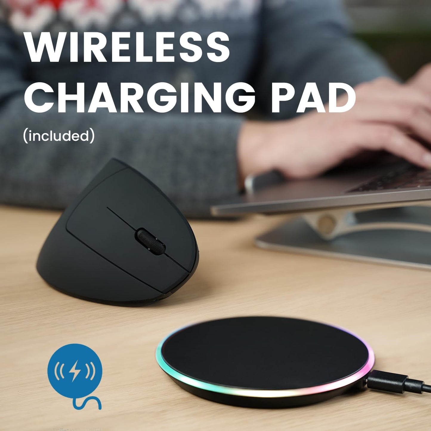 Perixx PERIMICE-713RX Wireless Rechargeable Vertical Mouse - Duo Wired and Wireless Charging Feature - Charging Pad Included - 6 Buttons Design - Black - Right-Handed Design