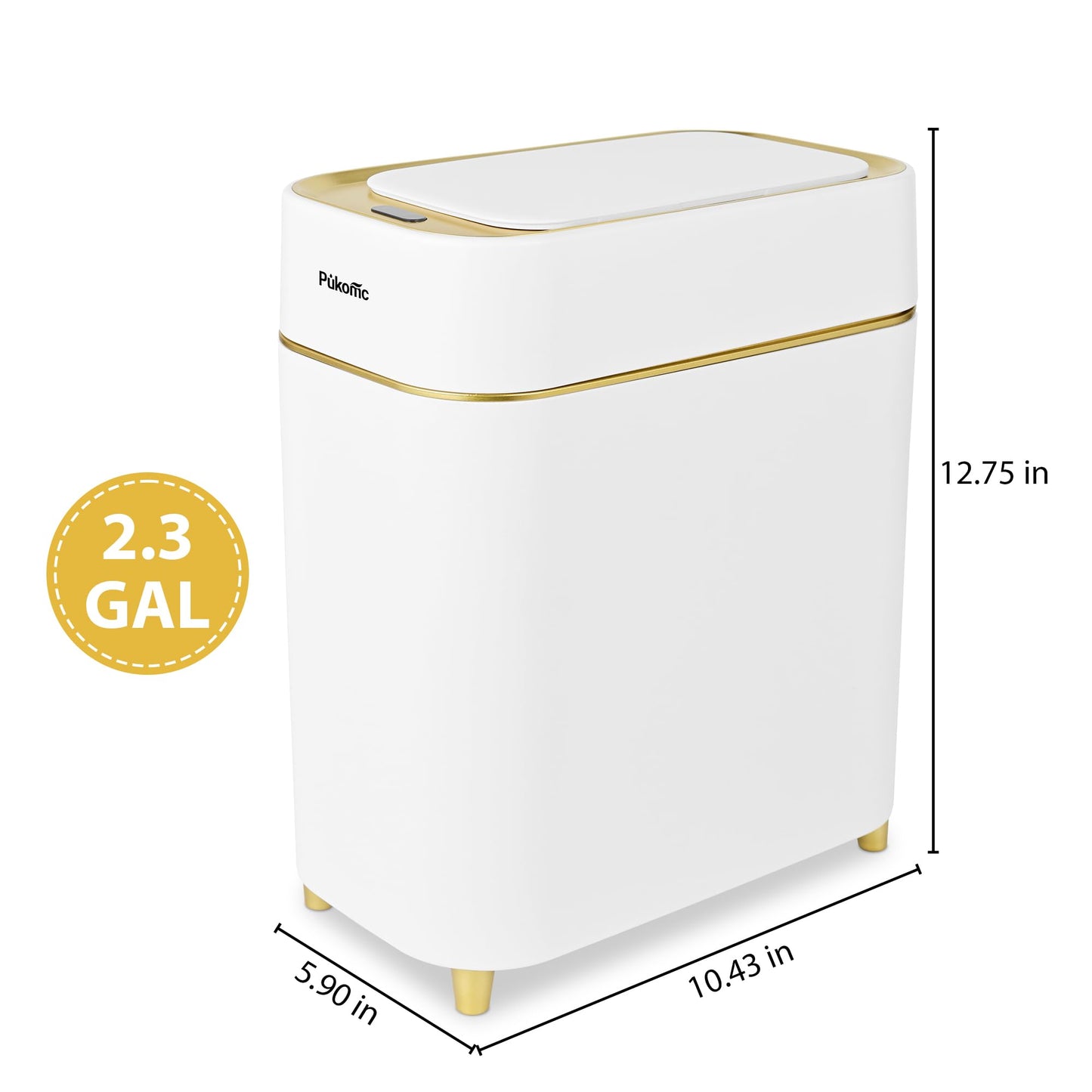 Pukomc 2.3 Gallon / 9L Automatic Adsorption Sensor Trash Can, White Gold Motion Sensor Garbage Bin with Vacuum Suction, Slim Fashionable Design for Kitchen, Bathroom, Office & Small Space