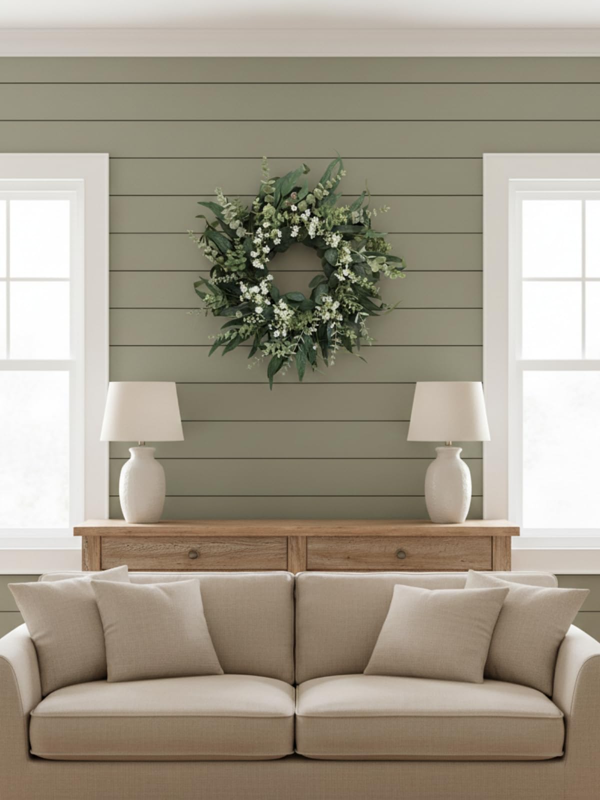 26" Eucalyptus Wreath for Front Door, Full Greenery Wreath with Baby’s Breath, Farmhouse Door Wreath, Year Round Spring Summer Wreath, Indoor Outdoor Home Decor