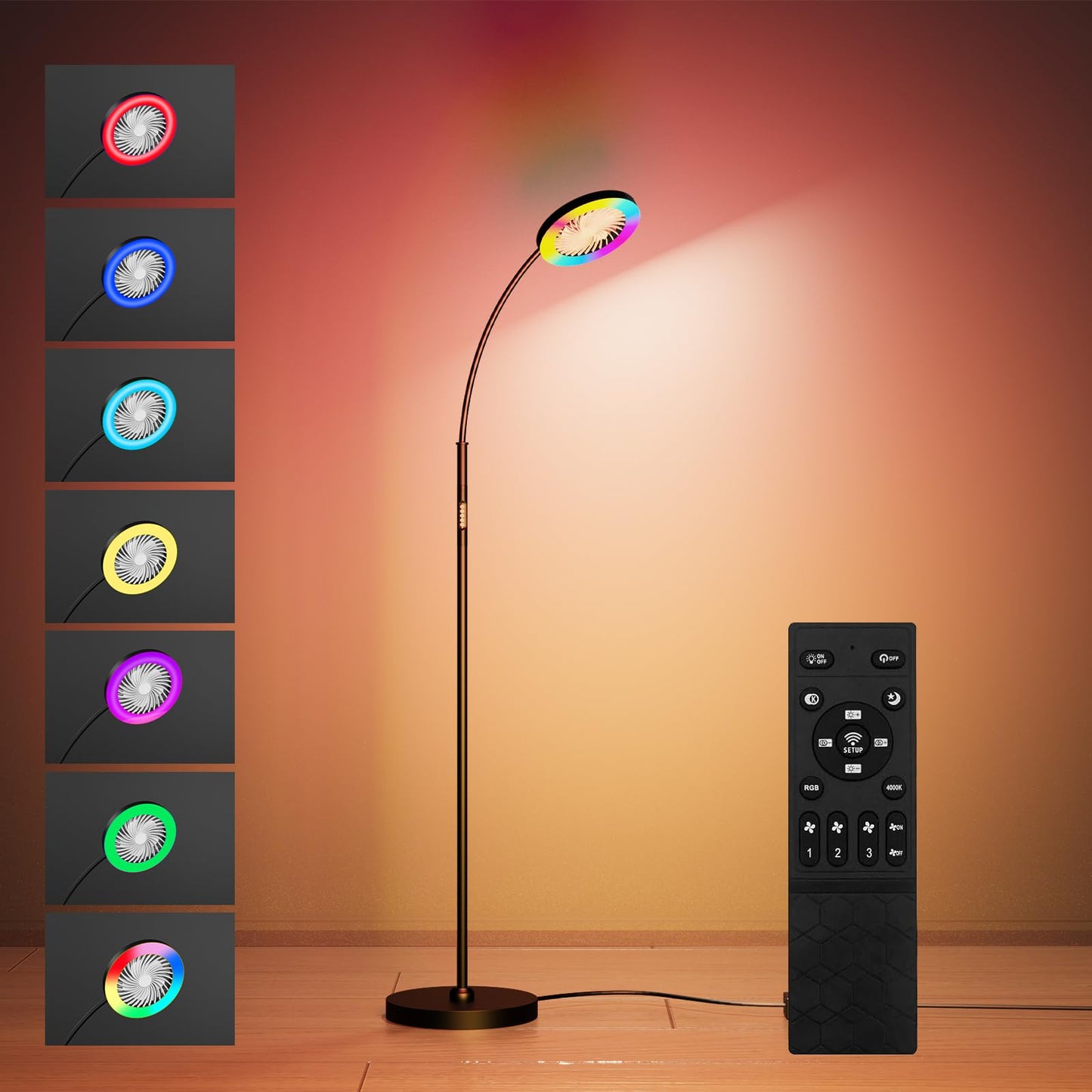 IDOGLOME Floor Fan with RGB Lights Lamp 18w 1200Lm LED Light Fixture with Standing Fan and Remote（Black）