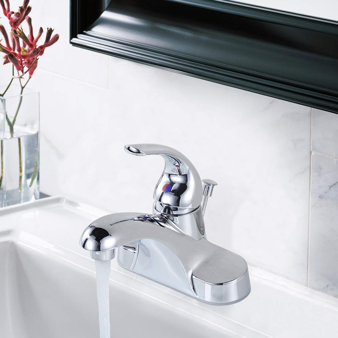 WOWOW Bathroom Faucet 1 Handle Low Arc Single Handle 4 inch Centerset Bathroom Sink Faucet with Lift Rod Drain Assembly Basin Mixer Tap Chrome Vanity Faucet
