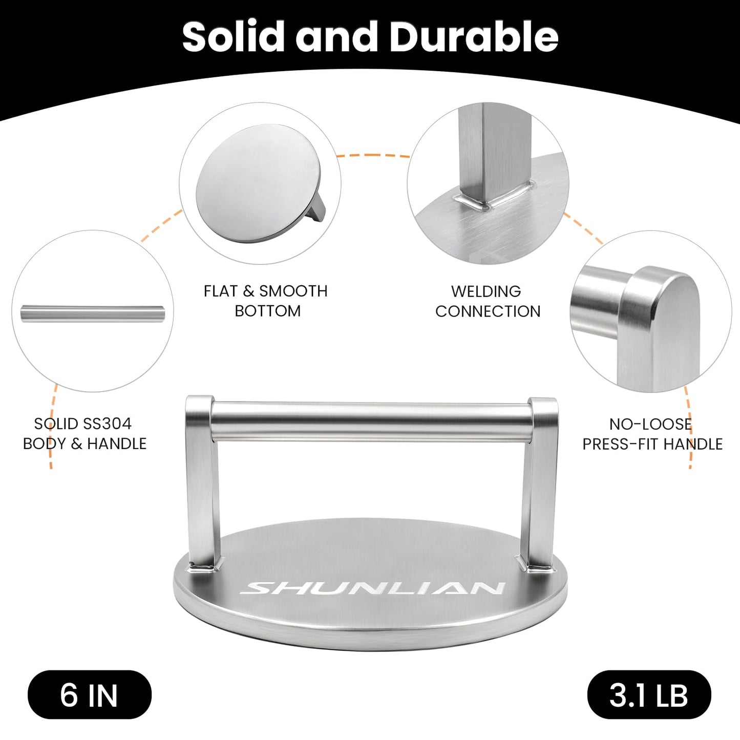 SHUNLIAN Smash Burger Press, 6 Inch Heavy Duty Burger Smasher Tool, 3.1lb Non-Stick Smooth Stainless Steel Grill Press for Flat Top Griddle, BBQ & Kitchen Use, Ground Beef, Meats, Bacon, Steak