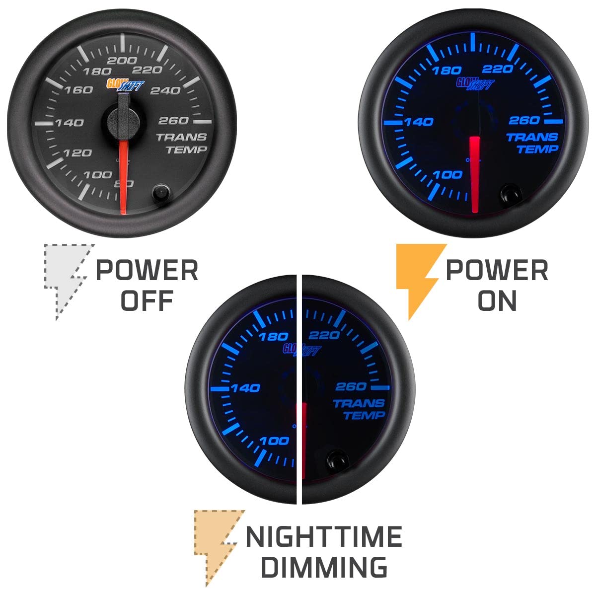 GlowShift Black 7 Color 260F Automatic Transmission Temp Gauge Kit - Includes 1/8-27 NPT Electronic Sensor & Wiring - Multi-Color Display - Black Dial - Clear Lens - for Car & Truck - 2-1/16" 52mm