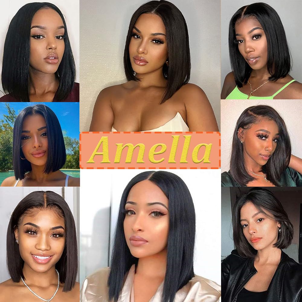 Amella Hair U Part Wig Bob Straight Wig U Part Bob Wig Brazilian Virgin Human Hair Wig for Black Women U Part Human Hair Brazilian U Part Natural Color 14inch
