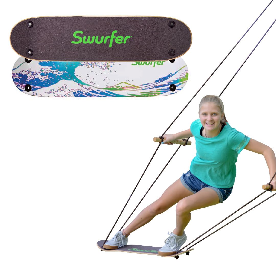 Swurfer TreeSkate Skateboard Swing, Outdoor Stand Up Surf Swing, Holds Up to 200 lbs, Ages 6 and Up, Adjustable Handles, Grip Tape, Kids Outdoor Play Equipment for Children and Adults (Waves) Blue