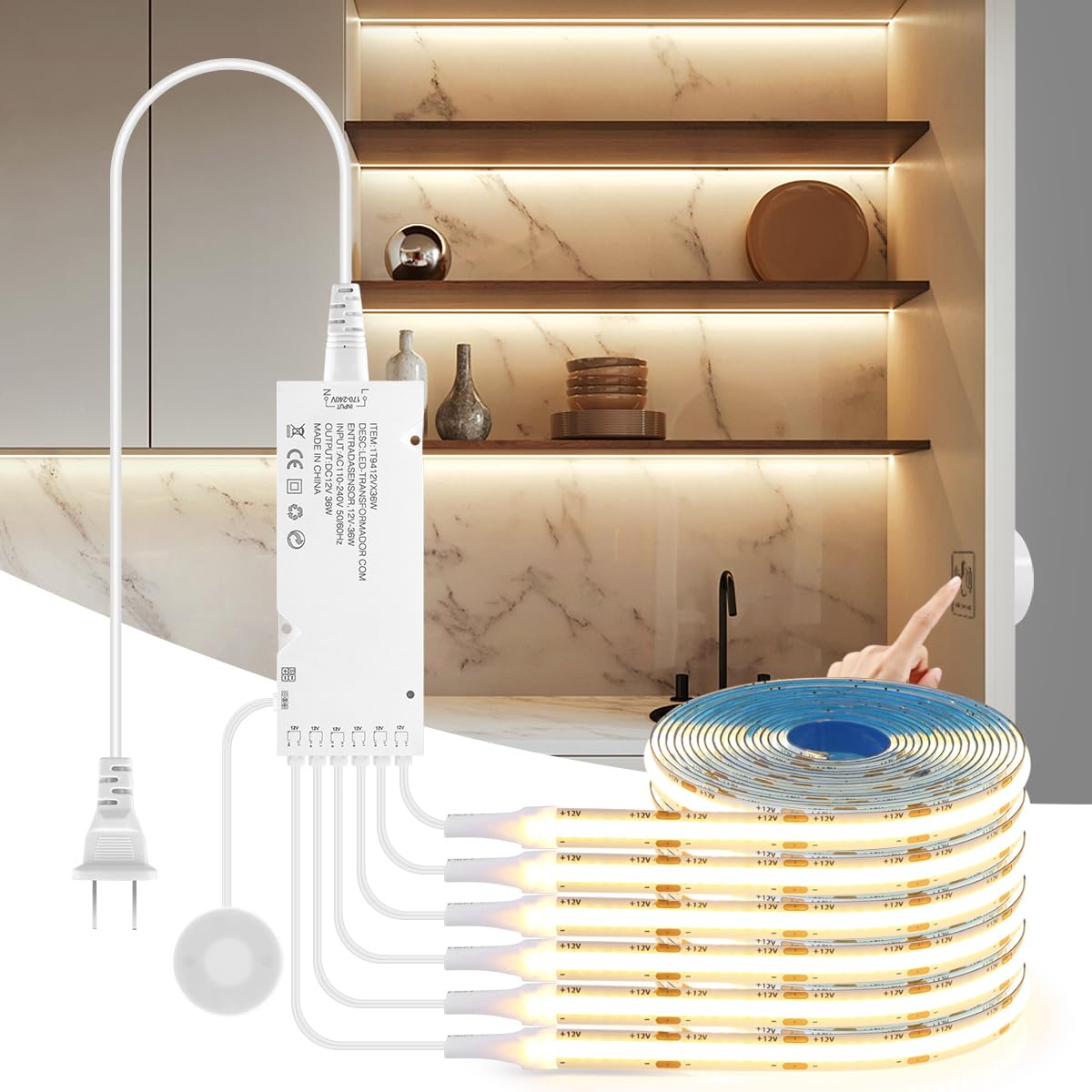 AIMENGTE 12V COB LED Cabinet Lights Strip, 6 x 3.3ft Touch Dimmable 3000K Warm White Lighting for Parallel Wood Slat Wall Panels, Display Cabinets, Wardrobes, Showcases, Shelves