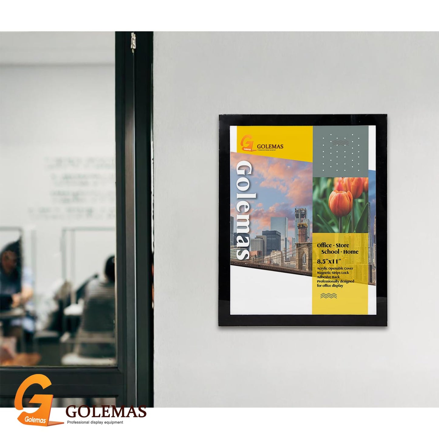 Golemas Acrylic Magnetic Sign Holder, Easy-Opening 8.5 x 11 Wall Mount Display Frames, Self Adhesive Back Plastic Clear Document Frame, Horizontal & Vertical Display (Black, 12Pack)