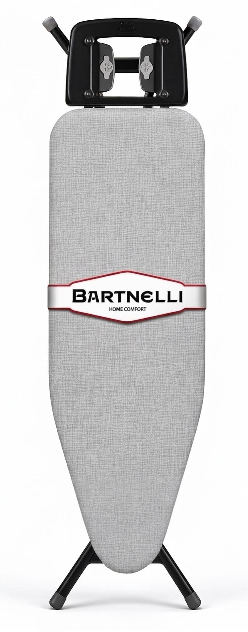 Bartnelli Extreme Stability Ironing Board 43x13 Upgraded Heavy-Duty Metal Frame & Iron Rest, Height Adjustable, Foldable, 4 Non-Skid Feet, 100% Cotton Cover, Made with Patent European Engineering