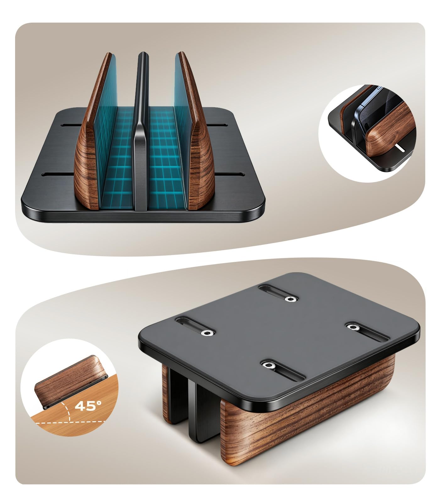 LOXP Vertical Laptop Stand, [Dual Slot Wooden + Aluminum Laptop Holder], Desktop Adjustable MacBook Stand, Adjustable Base, for MacBook Pro/Air, (up to 17.3-inch All laptops)