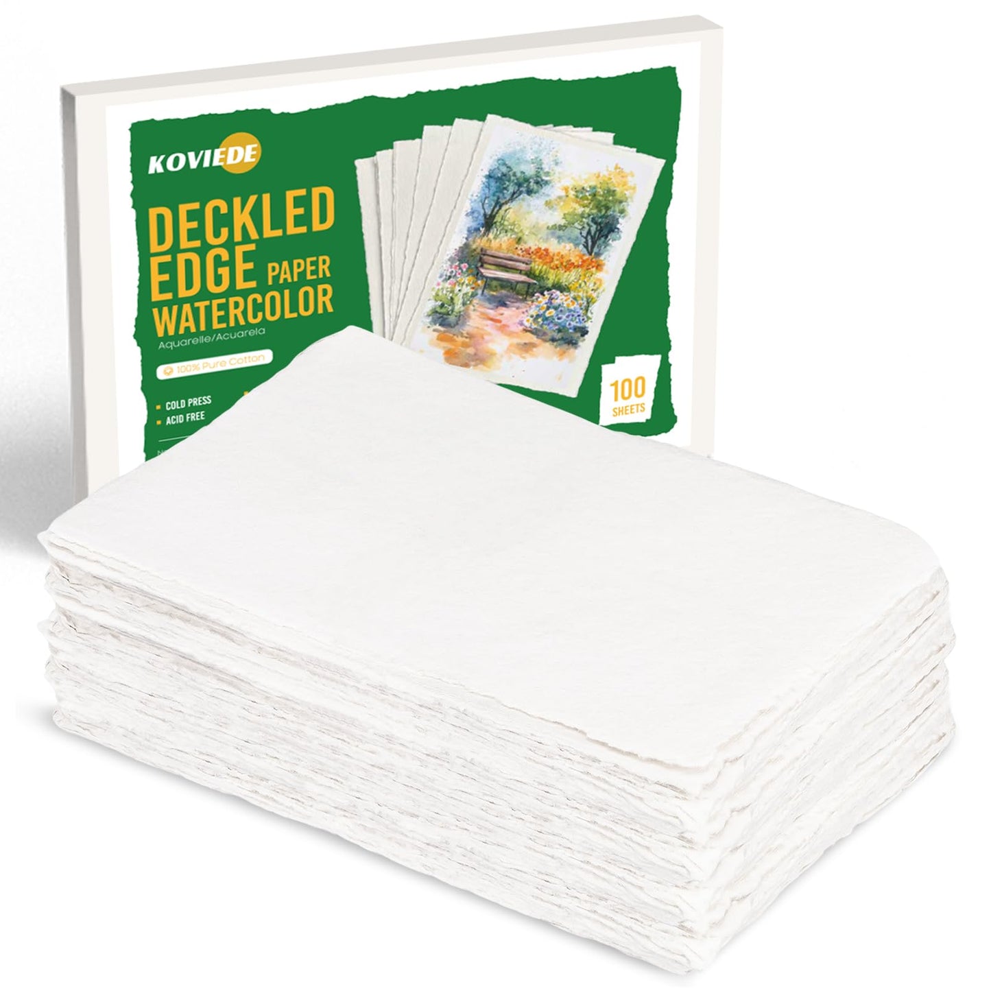 KOVIEDE Handmade Watercolor Paper 4x6 Inch, 140LB/300 GSM 100% Cotton Deckled Edge Paper, 100 Sheets Thick Textured Rough Mixed Media Paper for Postcards Wedding Invitations Arts Gifts