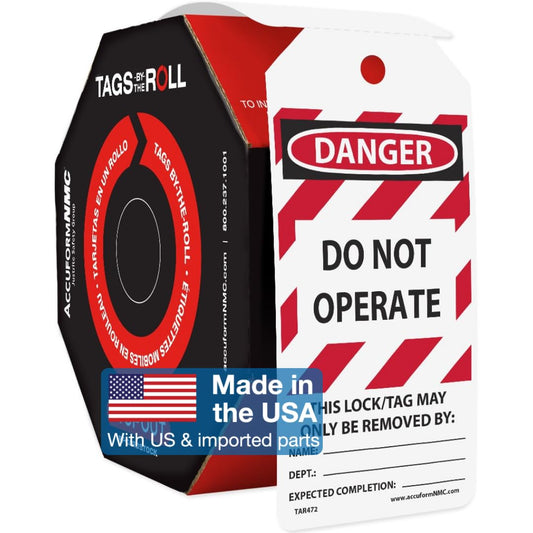 AccuformNMC 250 Lockout Tags by-The-Roll, Danger Do Not Operate Equipment Locked Out by, US Made OSHA Compliant Tags, Waterproof PF-Cardstock, Resists Tears, 6.25"x3", TAR472