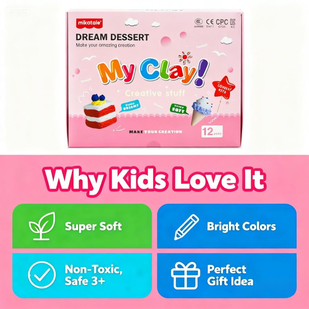 Air Dry Clay Dessert Kit for Kids - 12 Mini Dessert DIY Crafts with Tools, Birthday Cake & Ice Cream Pretend Food, Non-Toxic Arts & Crafts Gifts For girls and boys ages 5 and up