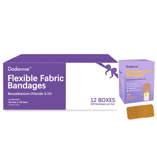 Dodanros Bulk Case of 1200 PCS Flexible Fabric Bandages, 3/4" x 3",Individual 12 Box Packaging,Include 0.1%Benzalkonium,Sterile, Breathable | Use for School, Hospital, Businesses, and First Aid Kits.
