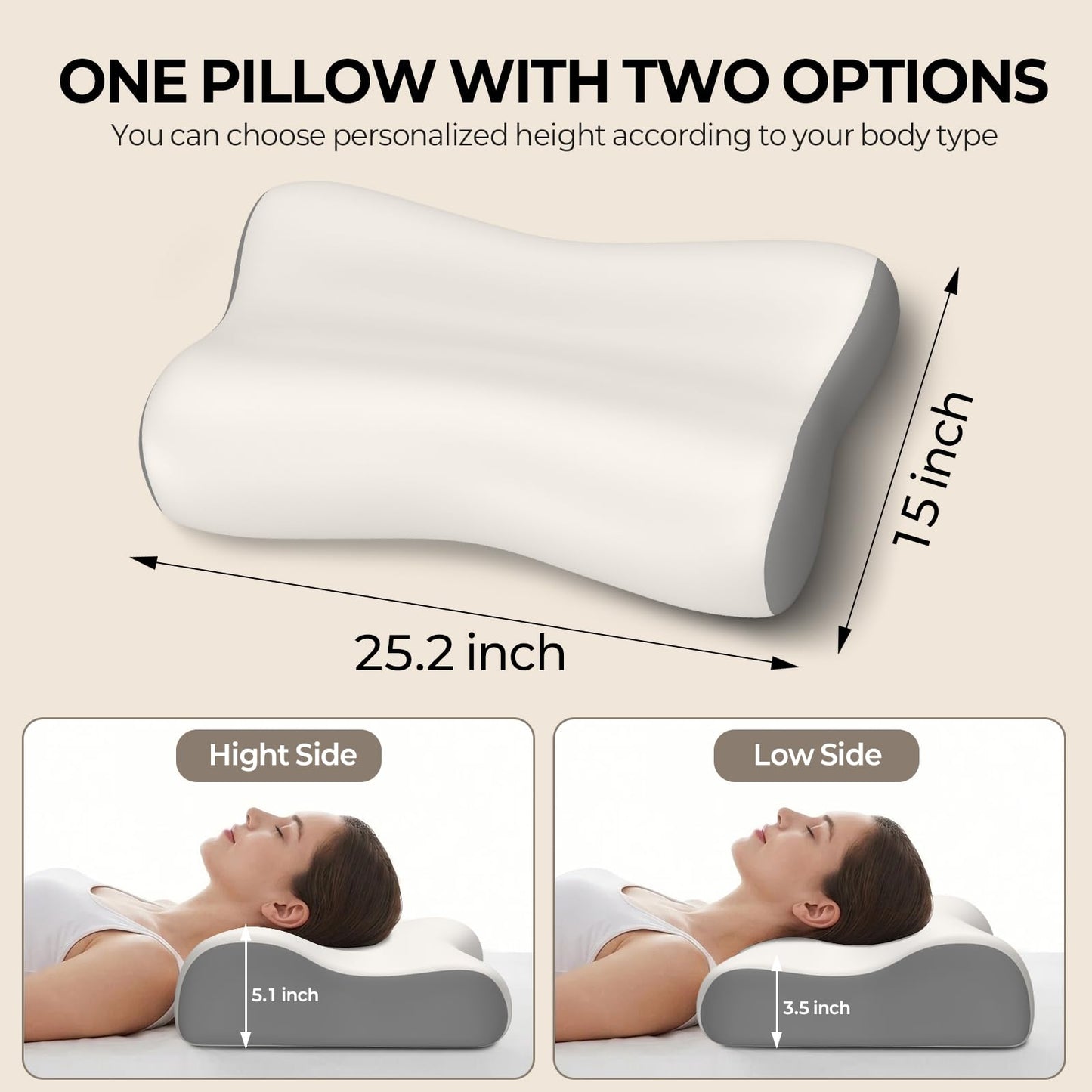 Polovo Cervical Neck Pillow - Ergonomic Side Sleeper Pillow for Pain Relief, Contour Memory Foam Pillows for Deep Sleep, Orthopedic Cooling Pillow Bed Pillow for Side Back Stomach Sleepers(White&Grey)