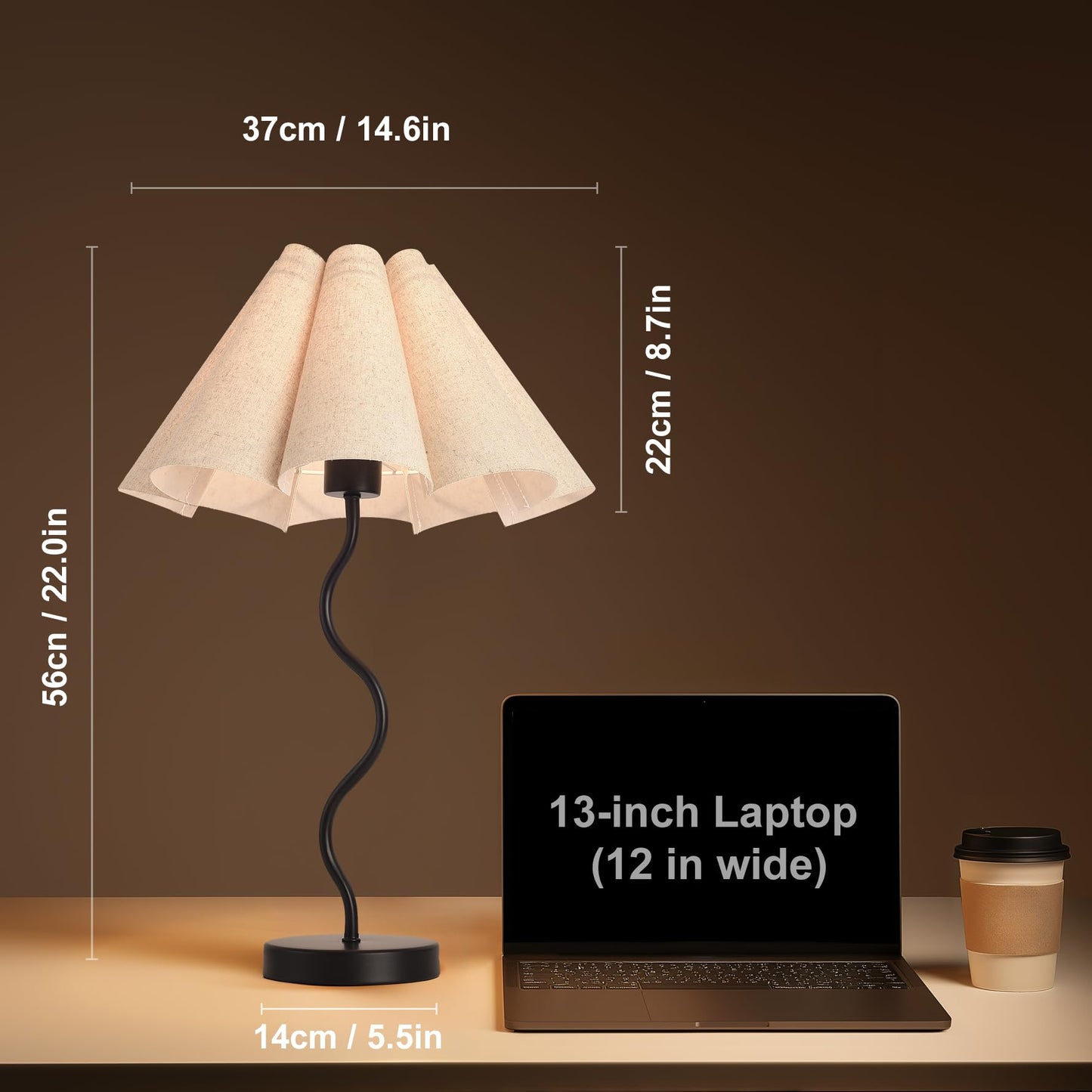 KUNJOULAM Small Table Lamp, Bedside Nightstand Lamp with Umbrella Form Fabric Lampshade Black Base, Morden Mini Desk Lamp for Bedroom Home Office Decor