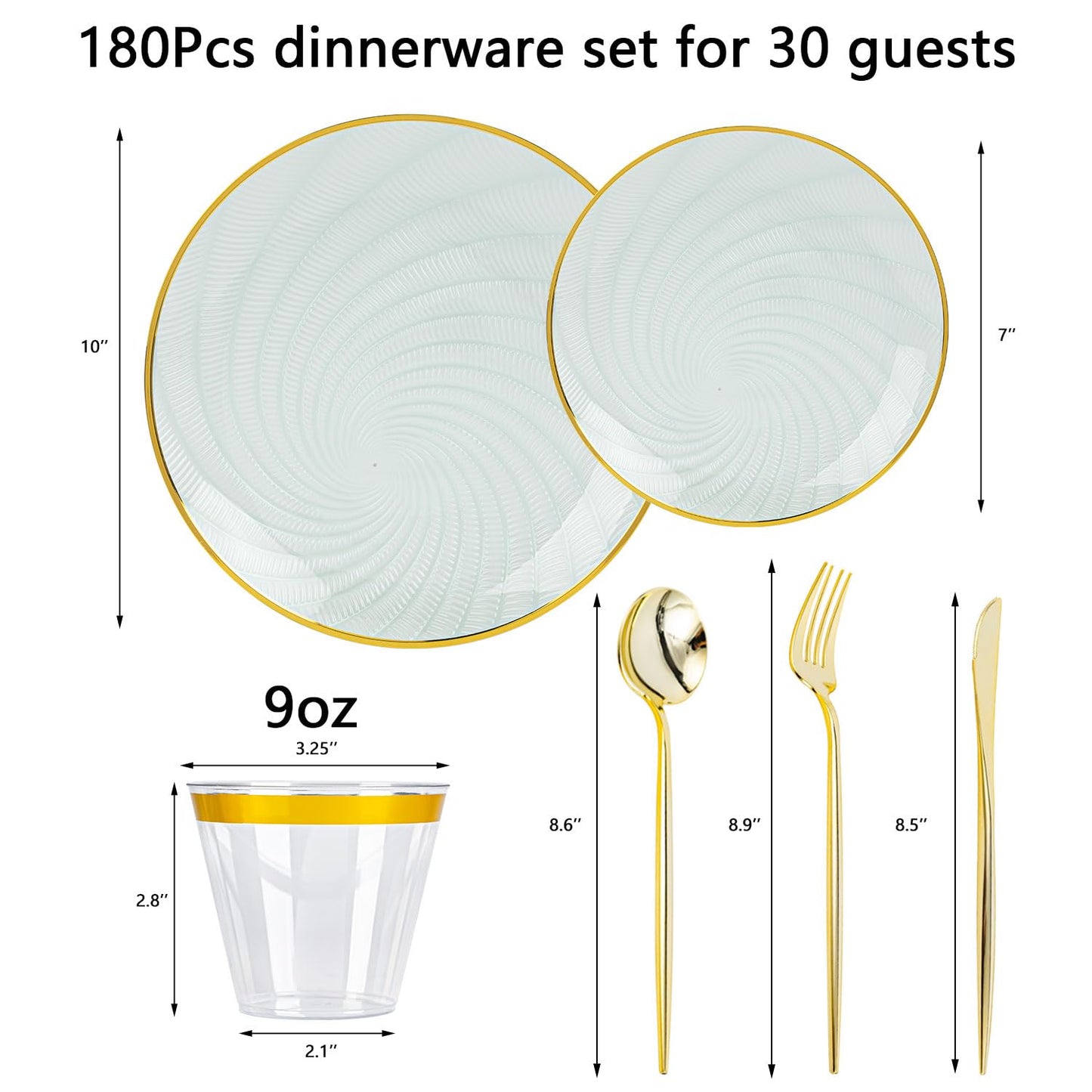 N9R 180 PCS Disposable Dinnerware Set with Gold Rim for 30 Guests,Green Plastic Plates Include 30 Dinner Plate, 30 Dessert Plates, 30 Cups, 90 Heavy Duty Gold Plastic Silverware for Party & Wedding