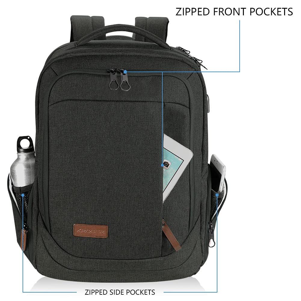 KROSER Laptop Backpack Large Computer Backpack Fits up to 17.3 Inch Laptop with USB Charging Port Water-Repellent Travel Backpack Casual Daypack for Business/College/Women/Men-Charcoal Black