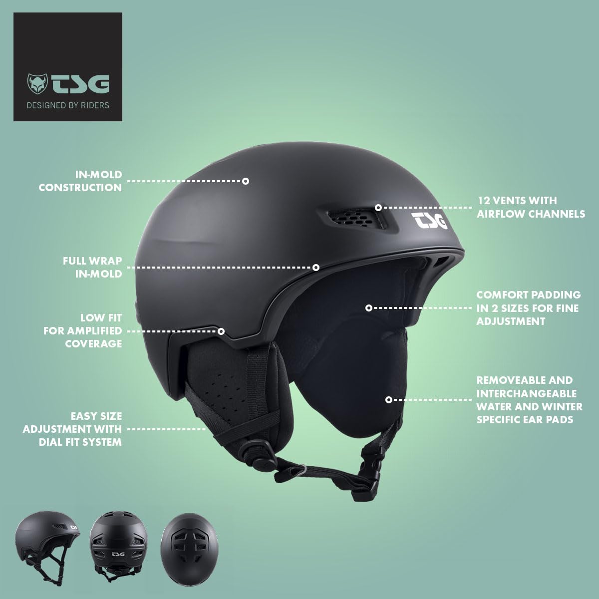 TSG All Terrain Helmet, Multi Sports, All Season, Full Wrap, in Mold Construction, EPS Lining, Lightweight, Well Ventilated, Cycling, Skating, Winter Sports, Tuned, Secure Fit, Satin Black, S/M