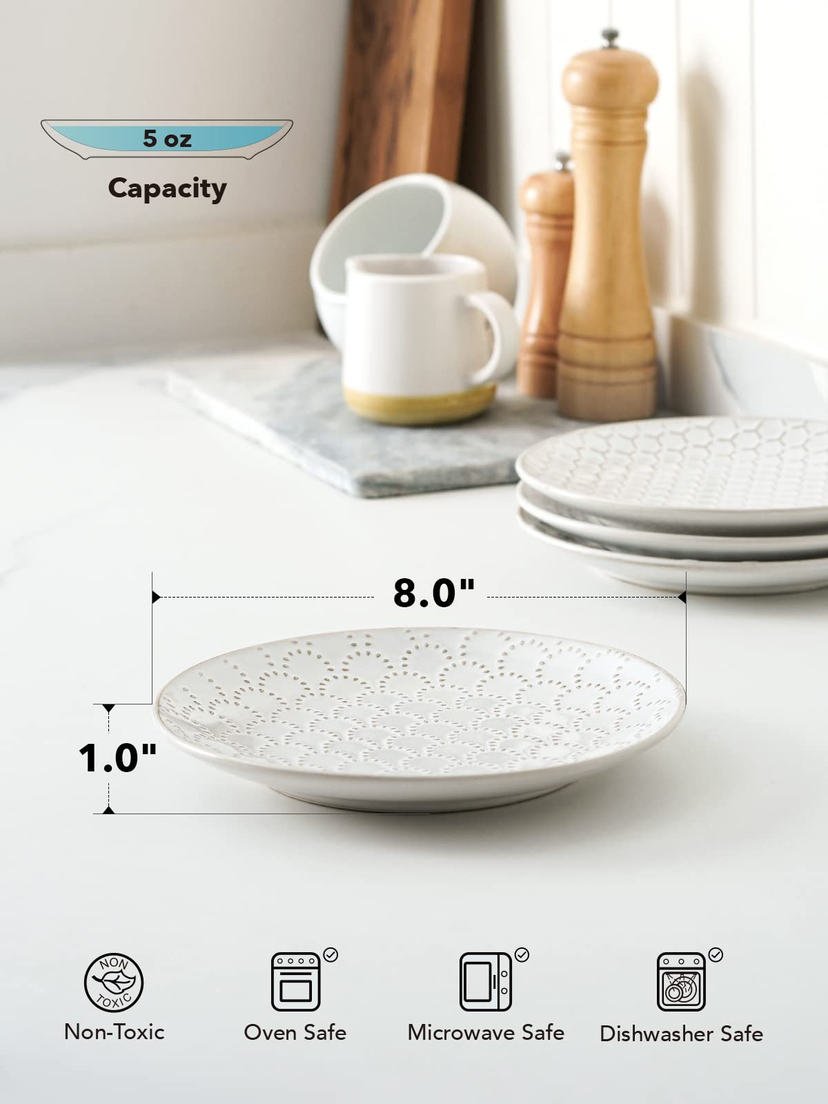 LE TAUCI Salad Plates 8 Inch, Ceramic Embossment Plate Set for Dessert Appetizer Small Dinner, Suit For Housewarming Wedding -Set of 4, Arctic White