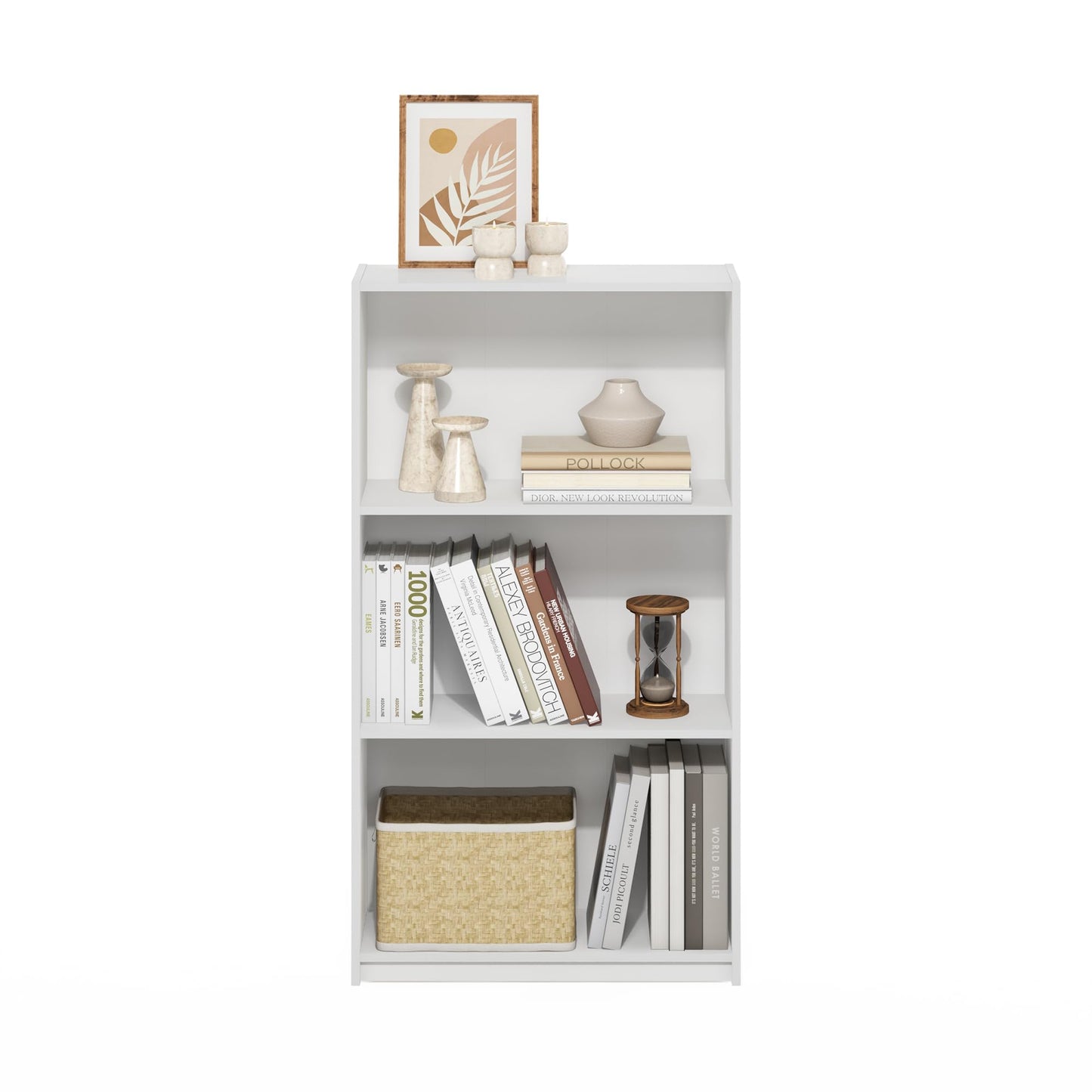 Furinno Basic Book Shelf, 3-Tier Modern Bookshelf, Bookcase with Open Shelves, 9.3 x 21.8 x 39.5, for Living Room, Bedroom, Home Office, White