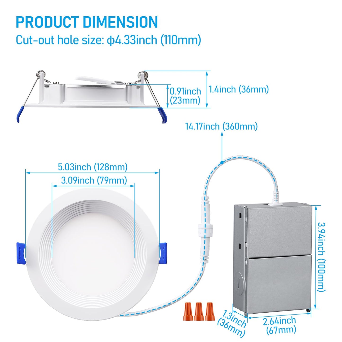 TORCHSTAR 8-Pack 5CCT 4 Inch Slim LED Recessed Lighting with J Box, Anti-Glare Baffle Trim, CRI90 Dimmable Aluminum Ceiling Downlight, Air Tight & IC Rated, 27003000350040005000K Selectable, ETL & ES