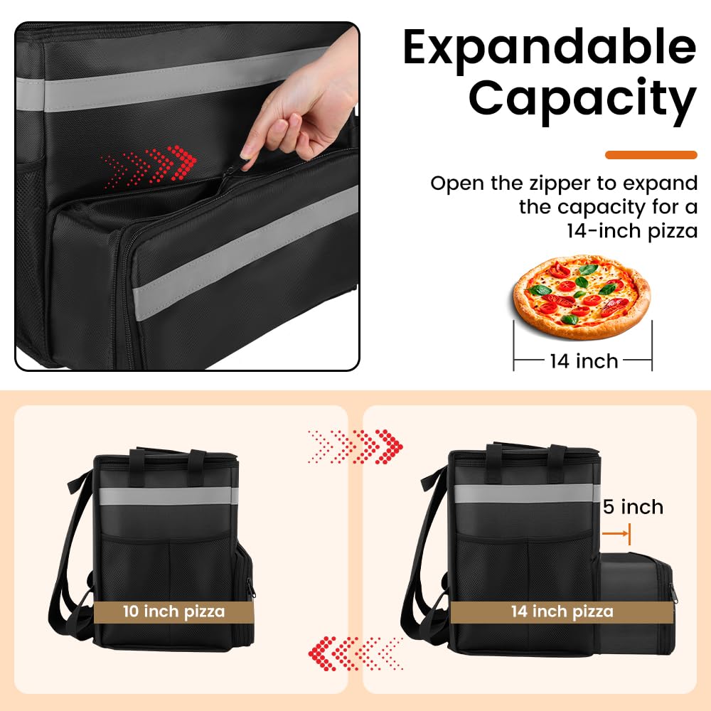 Food Delivery Bag,Large Insulated Backpack for Doordash/Uber Eeats, Expandable Cooler Bags for Bike/Motorcycle with Reflective Strip and Cup Holders,Reusable Pizza Food Delivery Bag with Hand Straps