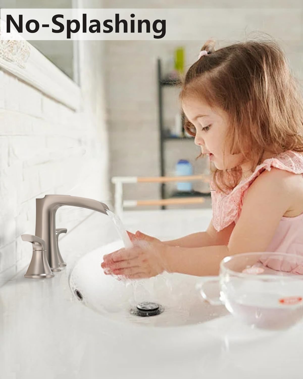 Fapully Brushed Nickel Bathroom Faucet 3 Hole, Waterfall 8 Inch Widespread Bathroom Sink Faucet with Pop-up Drain, Two-Handle Faucet for Bathroom Sink
