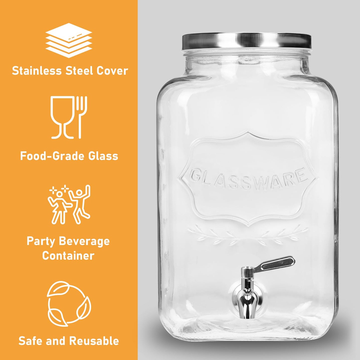 Moretoes 2 Gallon Glass Drinks Dispenser for Parties, 2 PACK Beverage Dispenser with Stand for Juice and Iced Tea, Water Jug Dispenser for Lemonade, Party Essential Beverage Pitcher with Spout