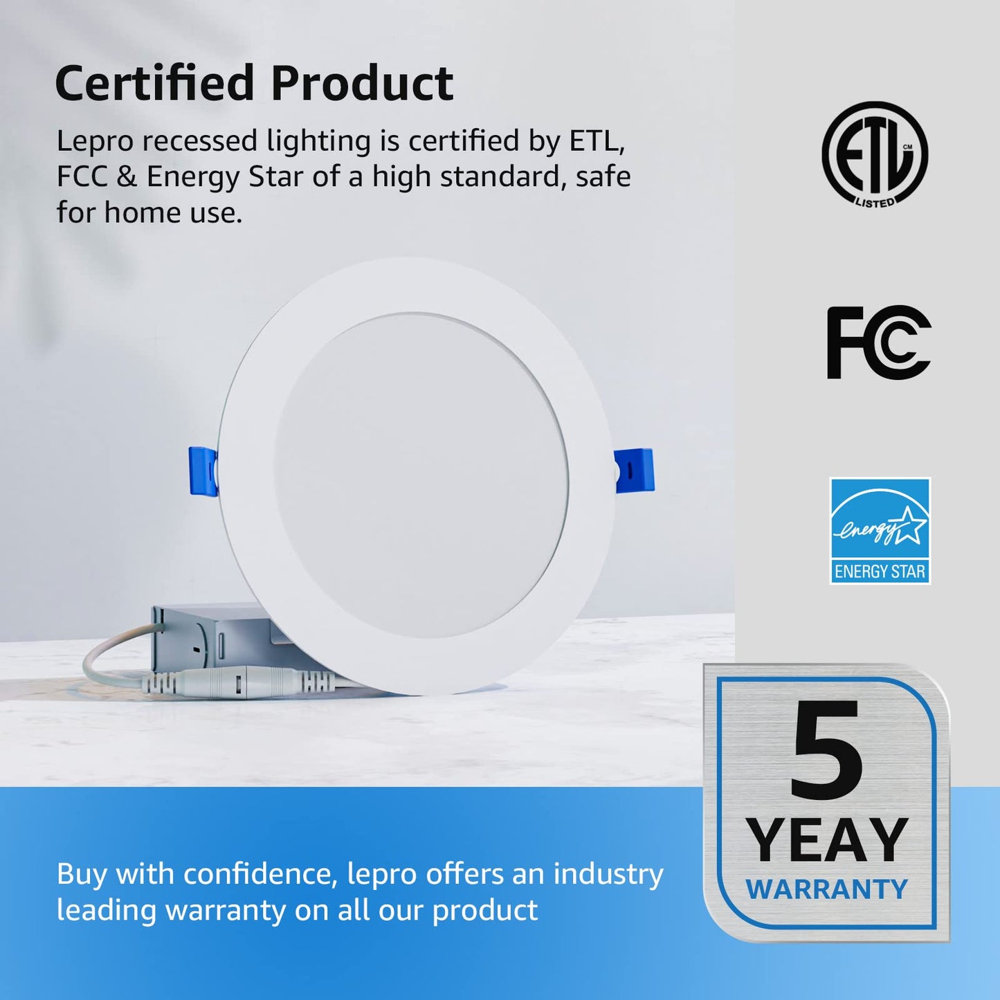 Lepro 6 Pack 6 Inch LED Recessed Ceiling Light with Junction Box, 5000 Kelvin Daylight Wafer Ultra-Thin, 1050 Lumen Dimmable Retrofit Downlight, 12 watt Eqv. 100 watt, ETL, Energy Star & FCC Certified