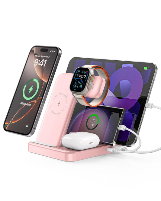 Caxdon Multiple Devices Charging Station, 5-in-1 Charging Stand for iPhone 16 Pro Max/Pro/Plus/15/14/13/12, iPad Pro/Air/Mini, Apple Watch and for Airpods, Wireless Charging Dock(G805, Black)