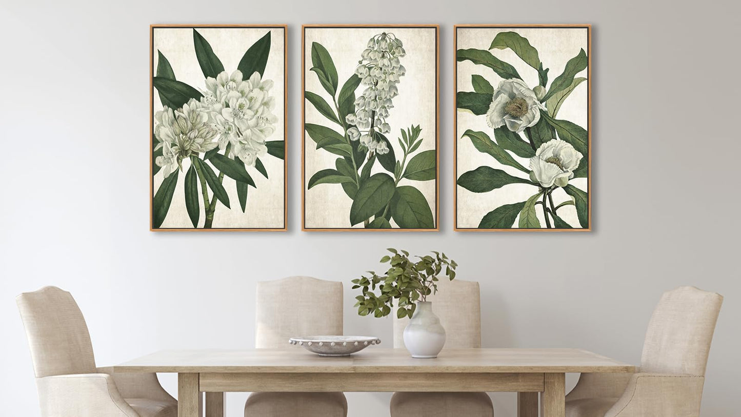 Large Framed Canvas Wall Art - Natural Float Framed White Flowers Green Leaves Pictures Decor Simple Botanical Plants Artwork for Living Room Bedroom Kitchen Home Office Decoration 48" X 24" Set of 3