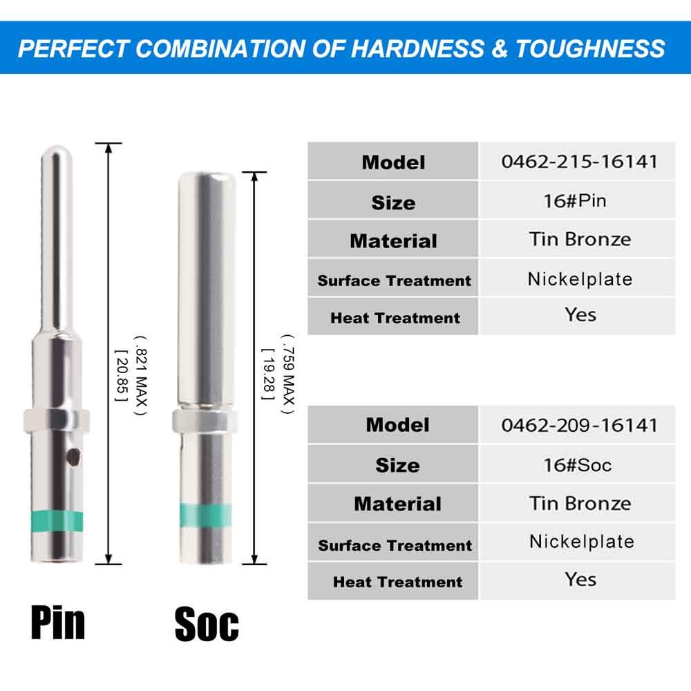 JRready ST6118 DT Connector Terminal Kit Contact Size 16, Male Pins 0460-215-16141/Female Sockets 0462-209-16141 Solid Contacts Wire Gauge 14-20 AWG, 100 Pairs
