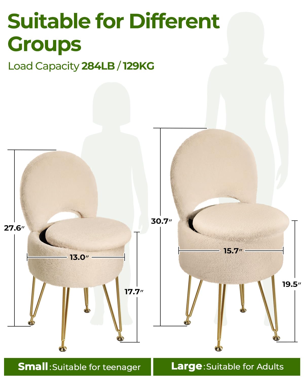 GREENSTELL Small Vanity Stool Chair with Storage and Folding Back, 13" x 13" x 17.7" Faux Fur Soft Ottoman for Teenager, 4 Metal Legs with Anti-Slip Feet, Furry Padded Seat for Makeup, Bedroom, Camel