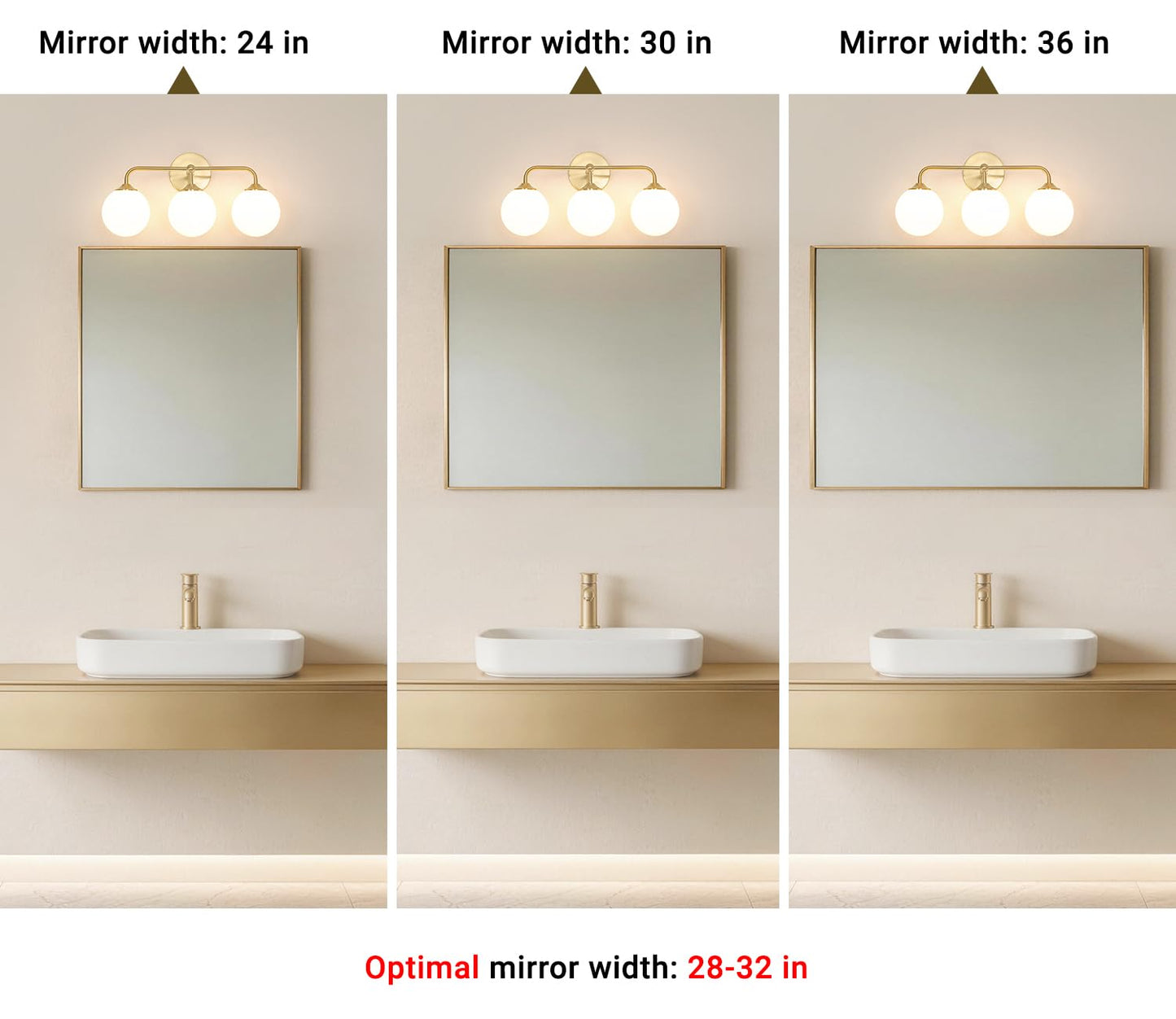 Modern Brushed Gold 3-Lights Vanity Light Fixtures with Milky White Glass Ball Shades, Mid Century Brass Wall Sconce Lighting Fixtures over Mirror, Wall Sconces for Bathroom Dressing Table Bedroom