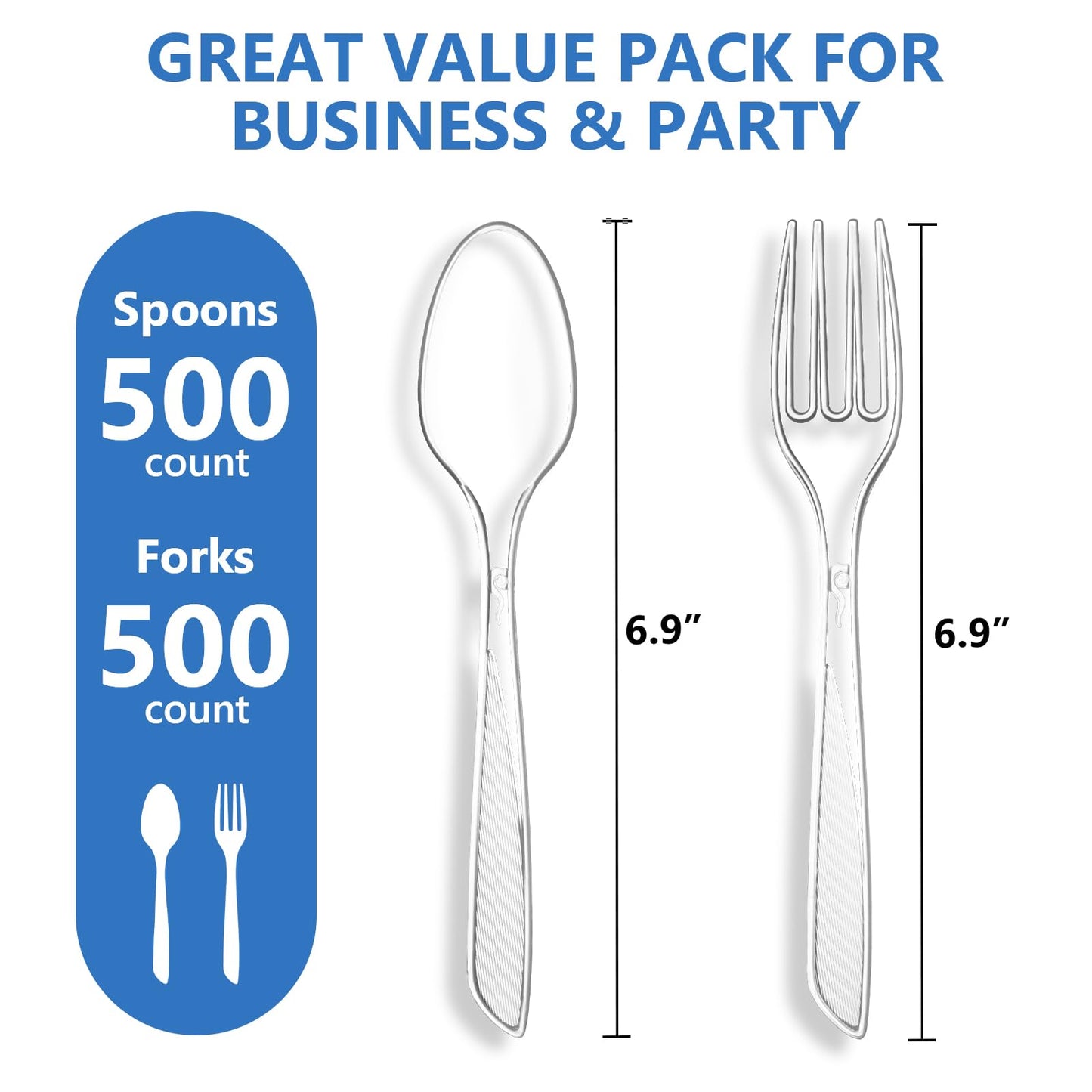SACATR 1000 Count Plastic Silverware Heavy Duty -500 Forks, 500 Spoons，BPA-Free,Heat Resistant Disposable Plastic Spoons Bulk, Solid Durable Premium Cutlery for Parties, Events and Everyday Use