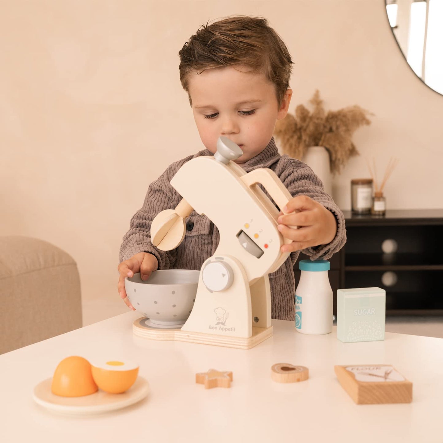 New Classic Toys Wooden Mixer Set Pretend Play Toy for Kids Cooking Simulation Educational Toys and Color Perception Toy for Preschool Age Toddlers Boys Girls , Red,White