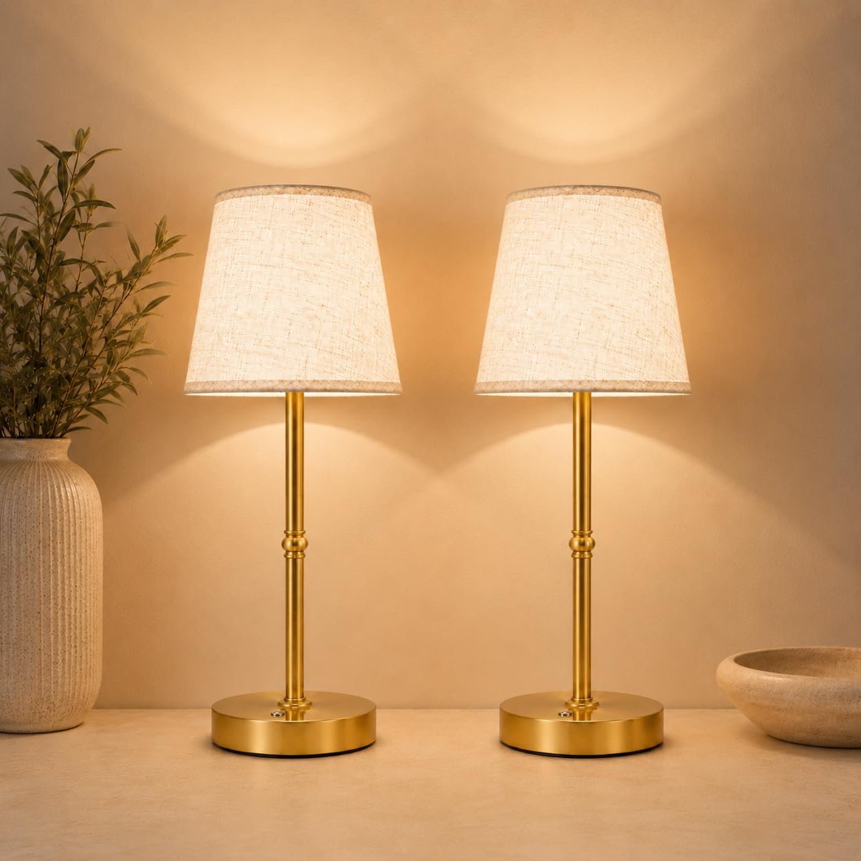 Cordless Table Lamp Rechargeable, 6000mAh Battery Operated LED Lamp with USB-C, Touch Control Stepless Dimmable Small Gold Fabric Lamp for Kitchen Counter, Small Spaces, Bedroom, Living Room 2PCS