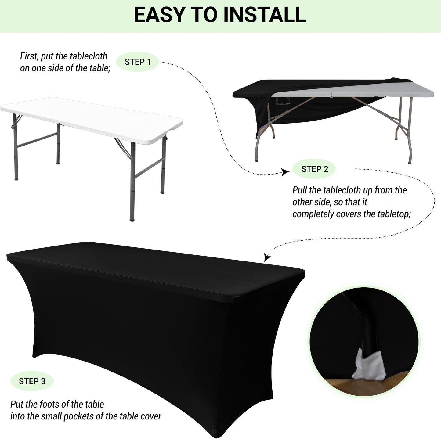 Obstal 10 Pack Stretch Spandex Table Covers for 6 Foot Tables - 6 FT Rectangular Fitted Tablecloth Protector for Outdoor Wedding Banquet Birthday Party (Black, 72L x 30W x 30H Inches)