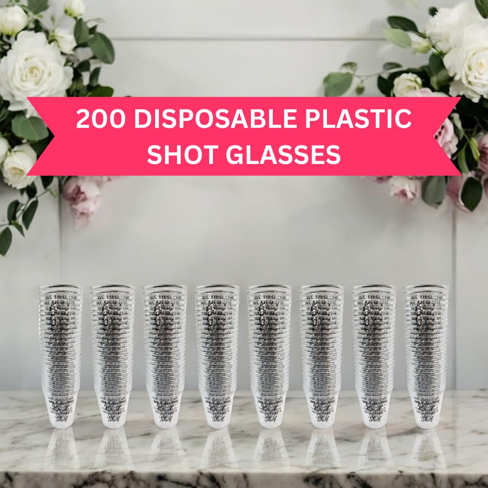 Cloverjoyed Disposable Plastic Wedding Shot Glasses, 200 Pack, 'We Tied the Knot Now Take a Shot' with Ring Design, Perfect for Weddings, Bridal Showers, Engagement Parties