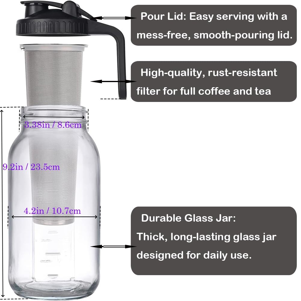 HomeCheer 2 Set 64 oz (2 Quart), Black Cold Brew Coffee Maker, Iced Tea Machines, Thick Glass with Pour Spout Handle Lid, Stainless Steel Filter for Iced Coffee, Fruit Drinks or Sun Tea (2)