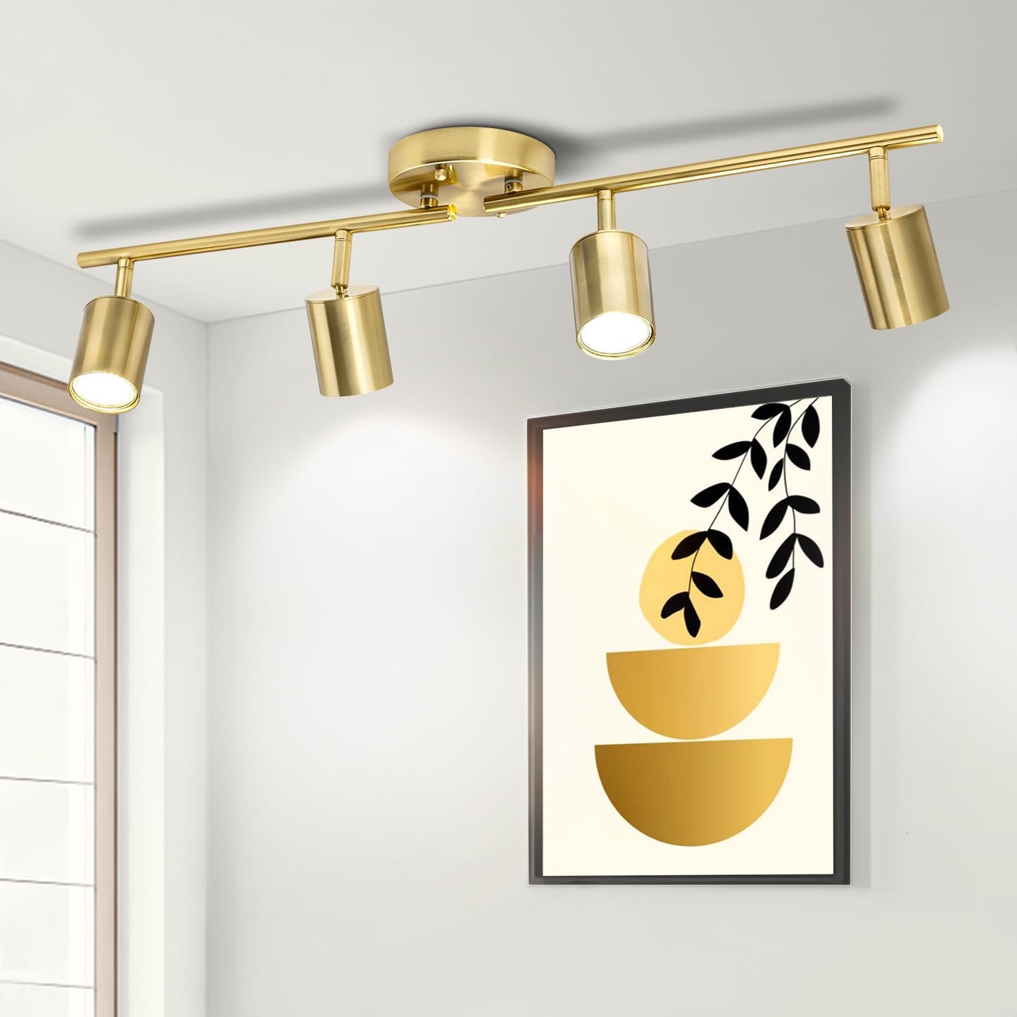 Fondiiz 4 Ways Track Lighting, Rotatable Heads Tracks Light, Track Lightings Fixtures Ceiling with Foldable Arms, Brushed Gold Tracks Light for Kitchen, Living Room, Hallway(Bulbs Not Included)