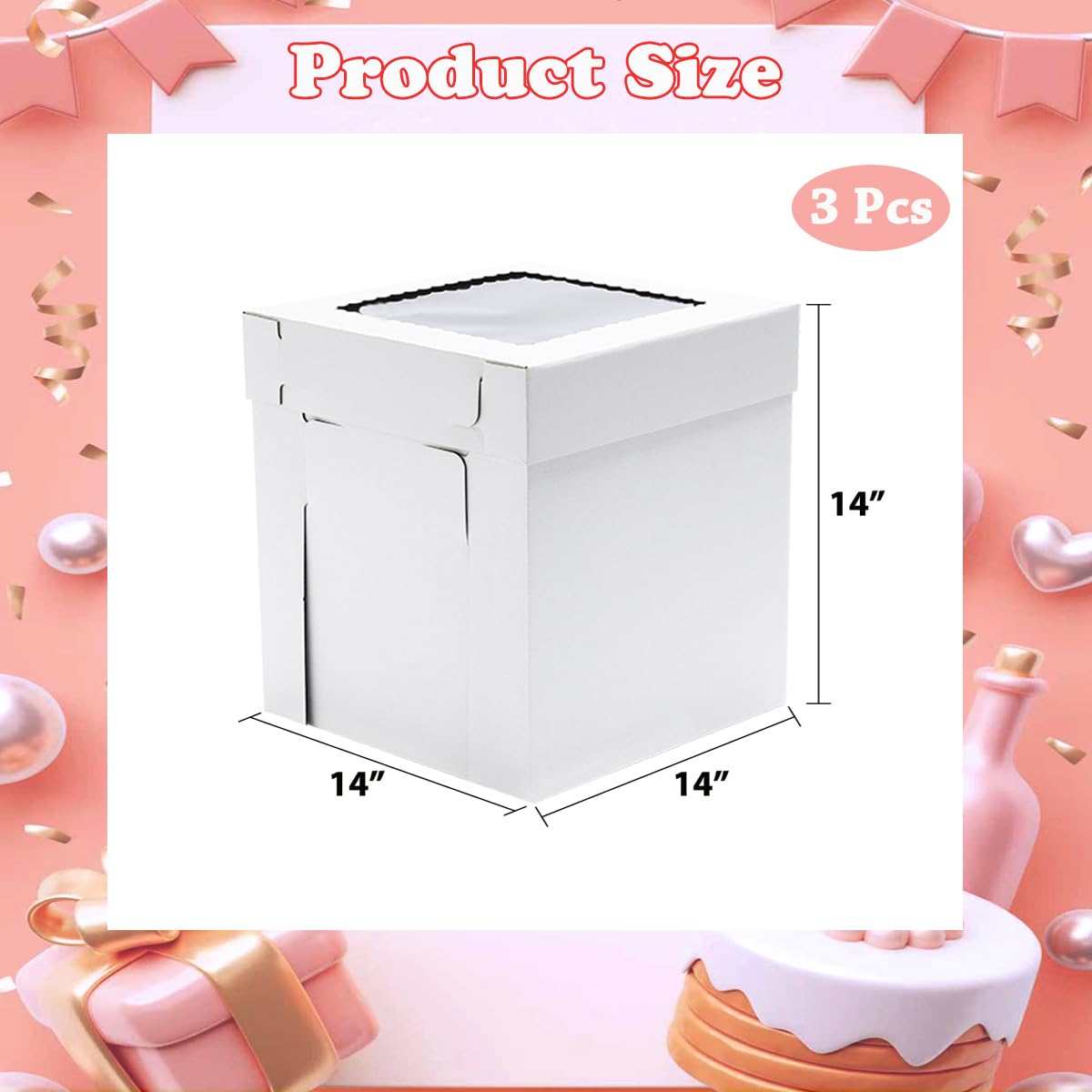 Nentootor 14x14x14 Inches 3 Pack,Tall Cake Boxes for Tier Cakes,Wedding Cake Boxes with Window,Layer Cake Carrier,Disposable Cake Containers