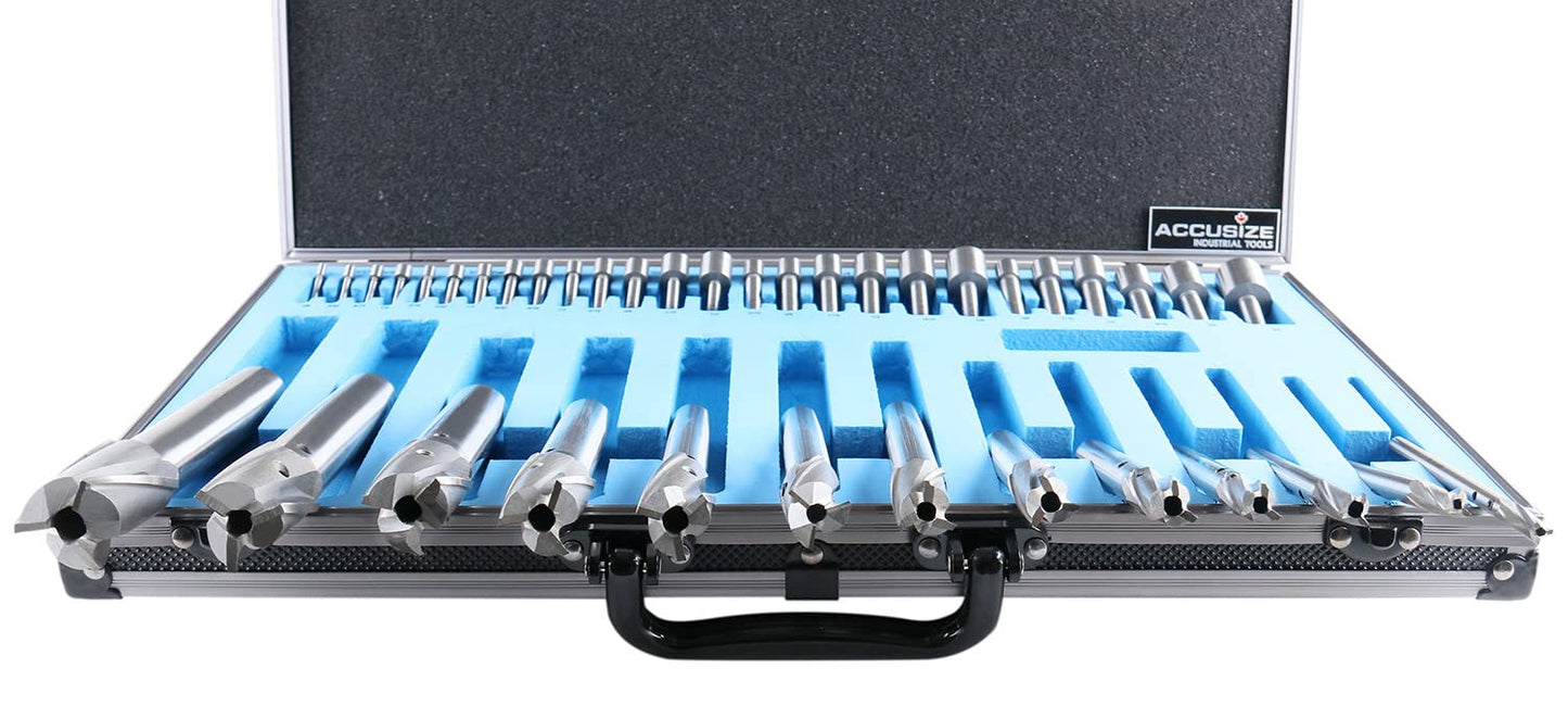 Accusize Industrial Tools 39 Pc Straight Shank H.S.S. Interchangeable Pilot Counterbore Set, Counterbores from 1/4'' up to 1'' by 16ths, 500S-A000