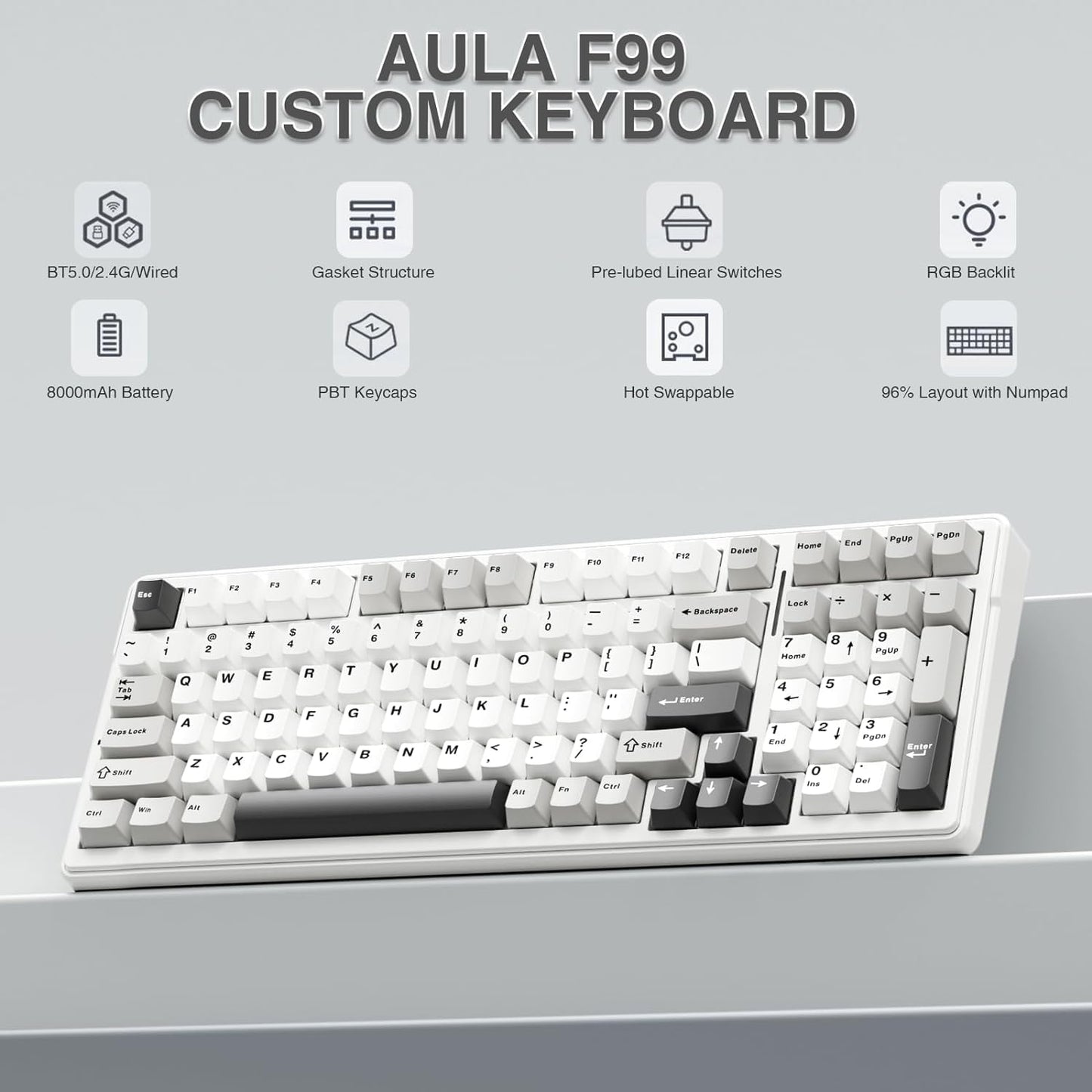 AULA F99 Wireless Mechanical Keyboard,Tri-Mode BT5.0/2.4GHz/USB-C Hot Swappable Custom Keyboard,Pre-lubed Linear Switches,Gasket Structure,RGB Backlit Gaming Keyboard for PC/Tablet/PS/Xbox