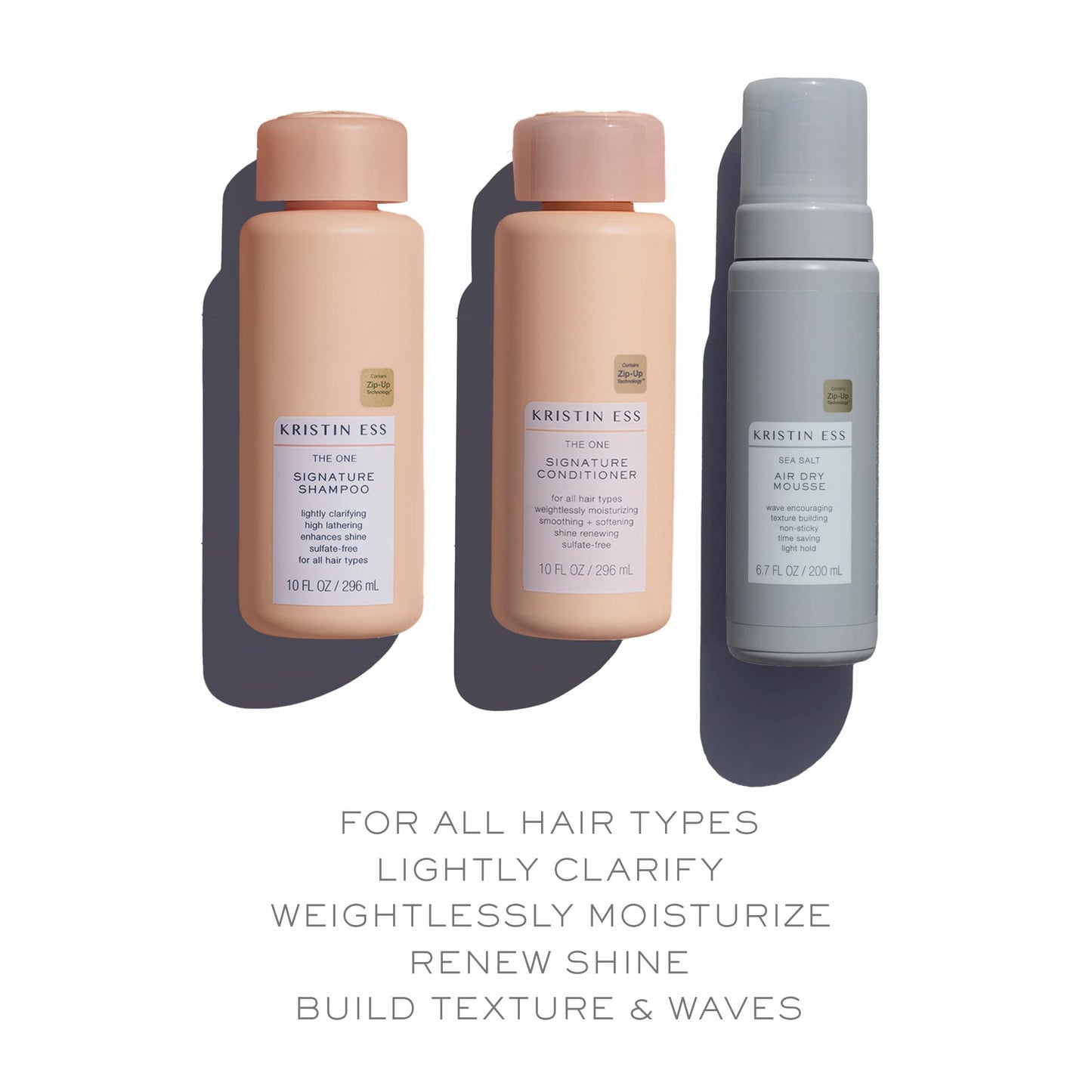 Kristin Ess Hair The One Signature Set - Lightly Clarifying Sulfate Free Shampoo, Hydrating Conditioner + Texturizing Sea Salt Air Dry Volumizing + Non Sticky Mousse for Wavy + Curly Hair (Pack of 3)