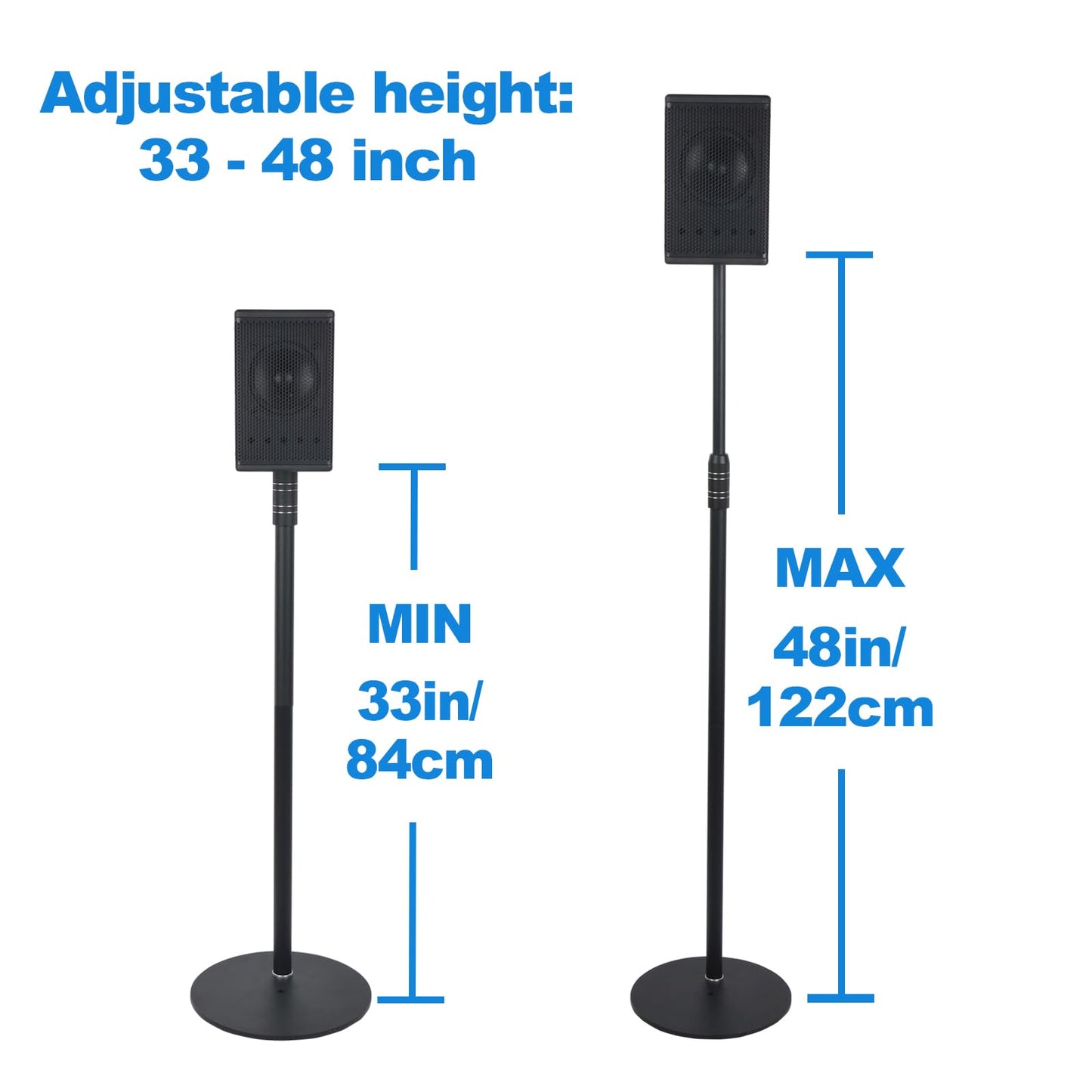 Howonder Speaker Stands,All Metal Speaker Stands Pair for Satellite & Small Bookshelf Speakers，Adjustable Height from 33" to 48",Holds up to 8.8 lbs,Easy DIY Assembly,HD-718,2 Packs,Black