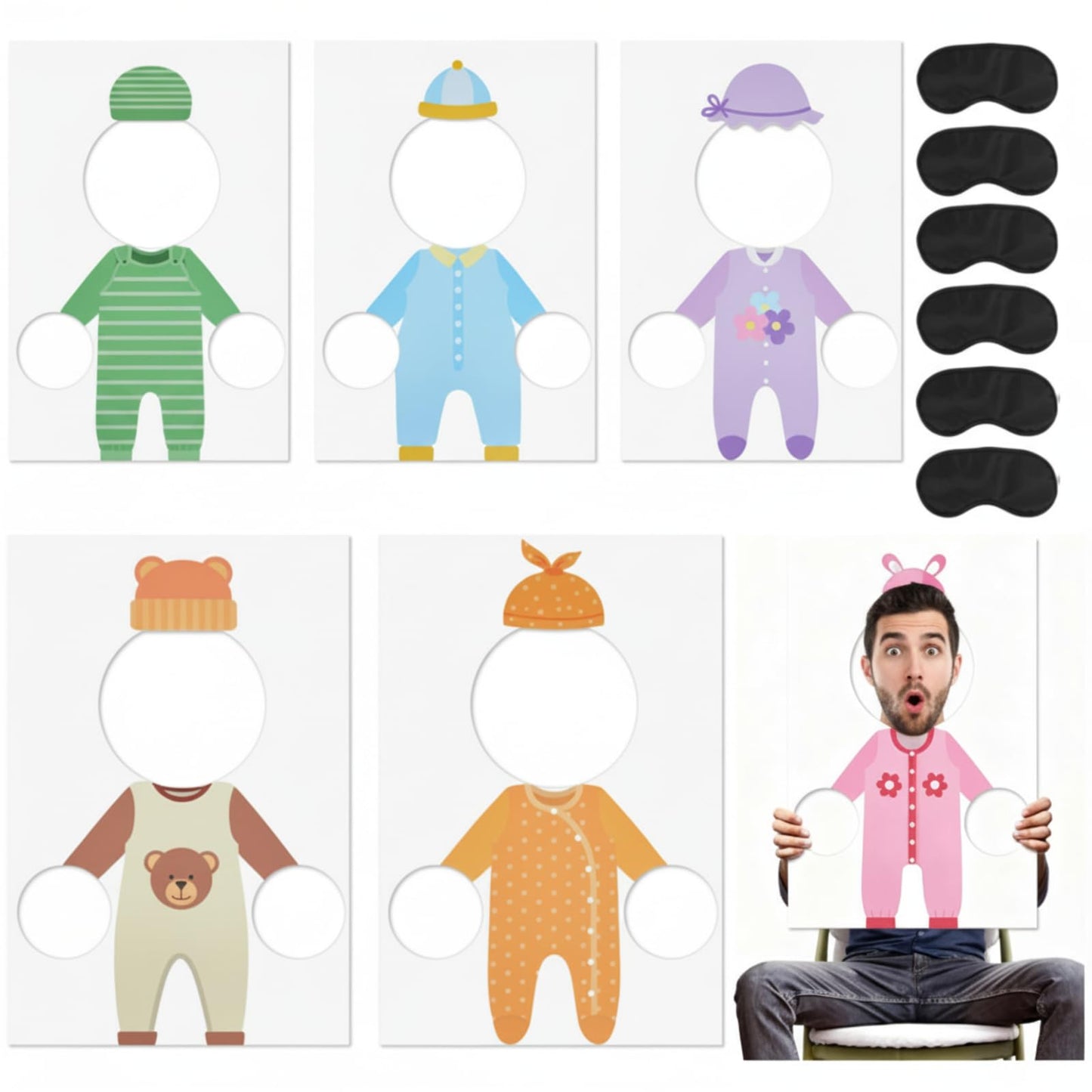 Fiwochic 6 Set Baby Shower Games Feed The Baby, Feed Me Games with 6 Pcs Kt Boards and 6 Pcs Eye Patches for Funny Shower Party Gender Reveal Activities Supplies(Gender-neutral,Multicolor)