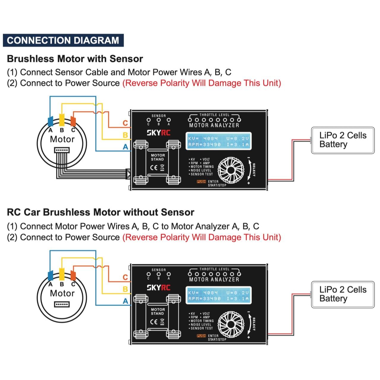 SkyRC Brushless Motor Analyzer: Motor KV, RPM, Timing Measurement, Hall Sensor Check, Brushless Motor Tester with 2x16 Characters LCD - Ideal for RC Hobby